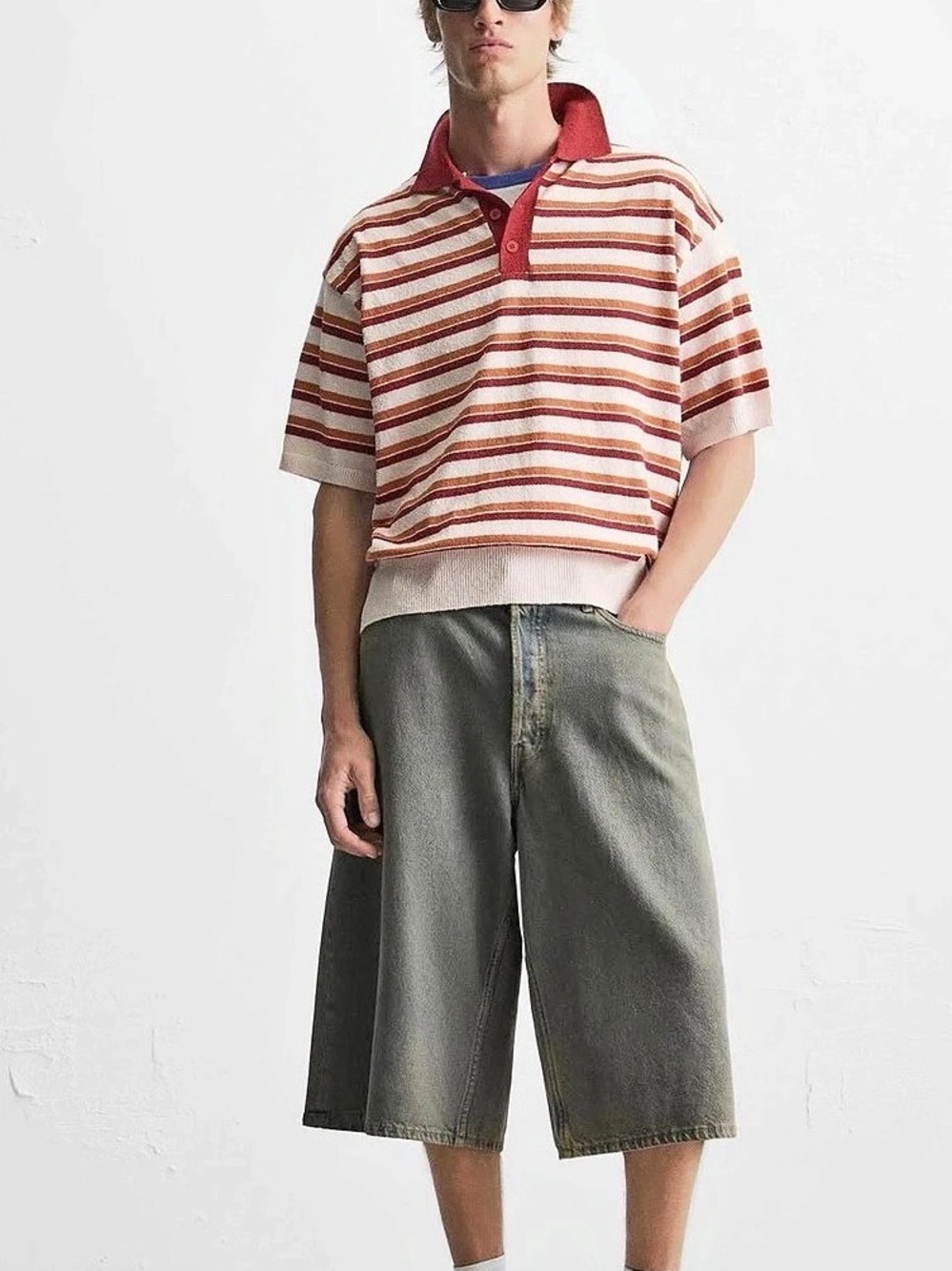Zara Men's Textured Knit Striped Polo Shirt Short Sleeve Size S red street luxe